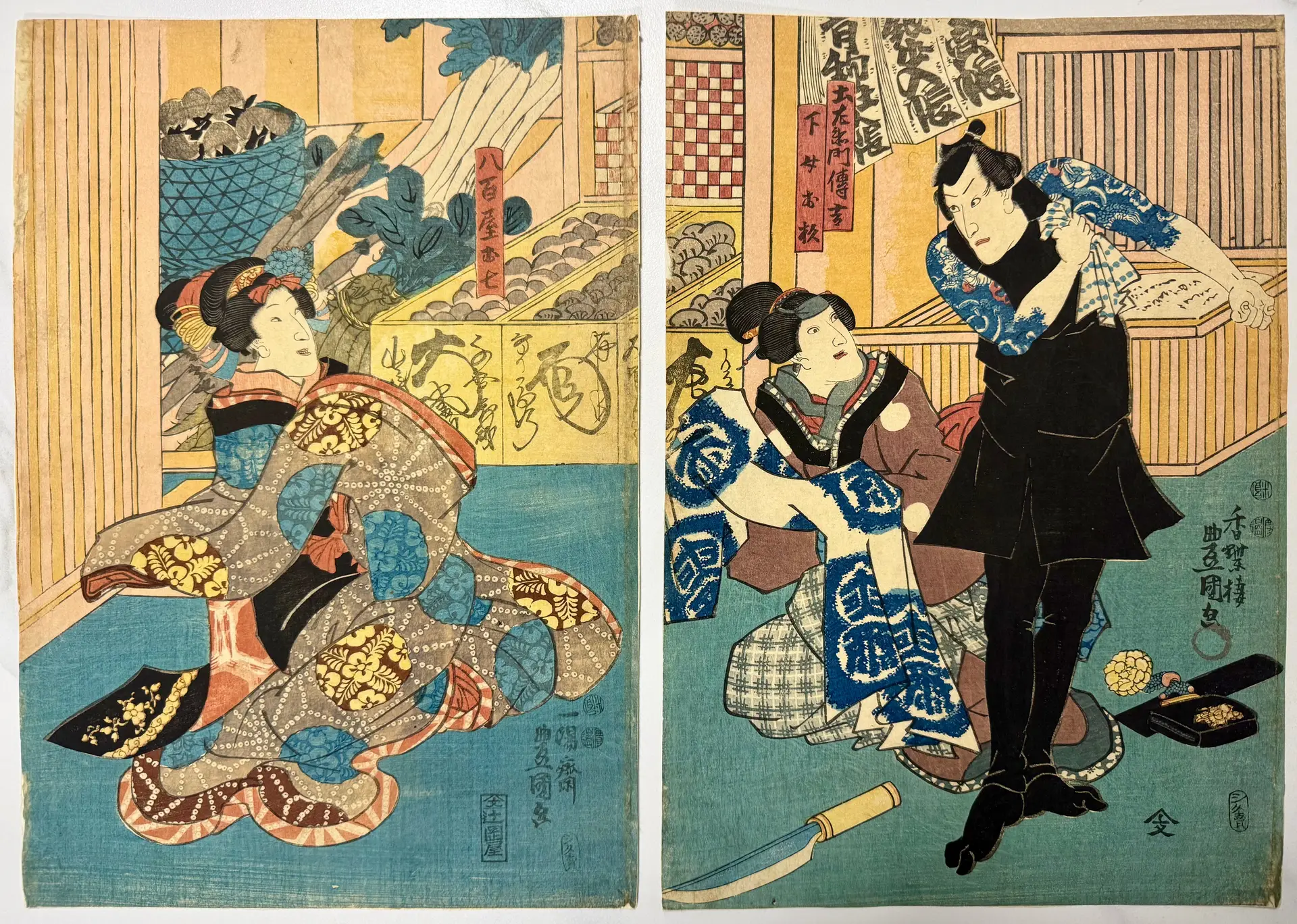 土左衛門伝吉 八百屋お七 下女お杉 豊国三代 — antique Japanese ukiyo-e woodblock print